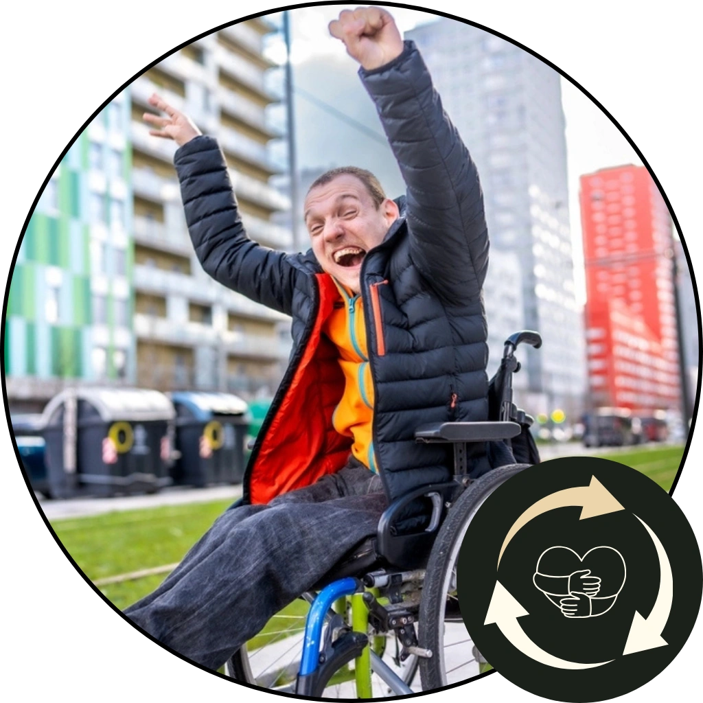 young disabled, down syndrome guy enjoying and playing